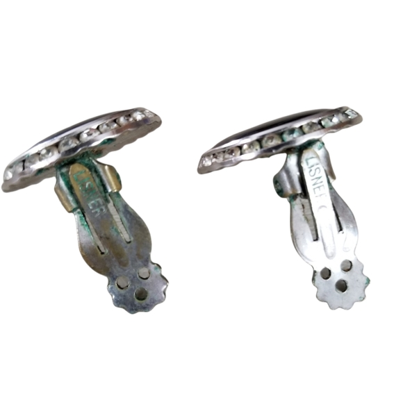 Vintage Signed Lisner Black Lucite Rhinestone Silver Tone Clip Earrings - Picture 11 of 12